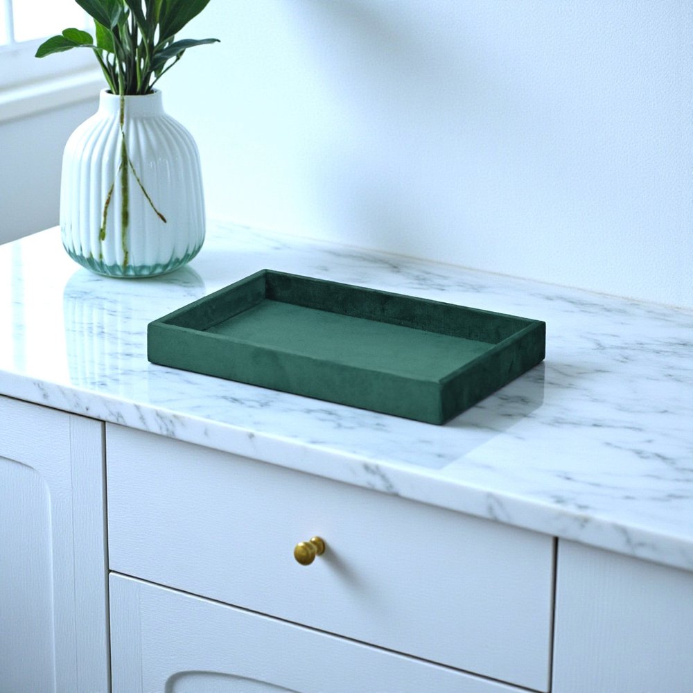 9" Green Wood And Velvet Handmade Trinket Tray
