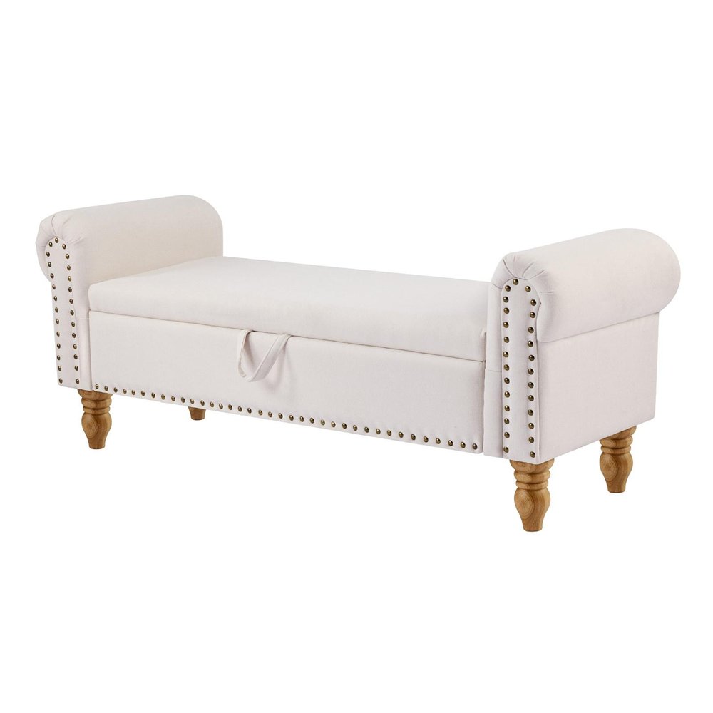 55" Beige and Brown Linen and Solid Wood Upholstered Storage Bench With Flip Top. Bench isolated on a plain white background, in a beige wood finish.