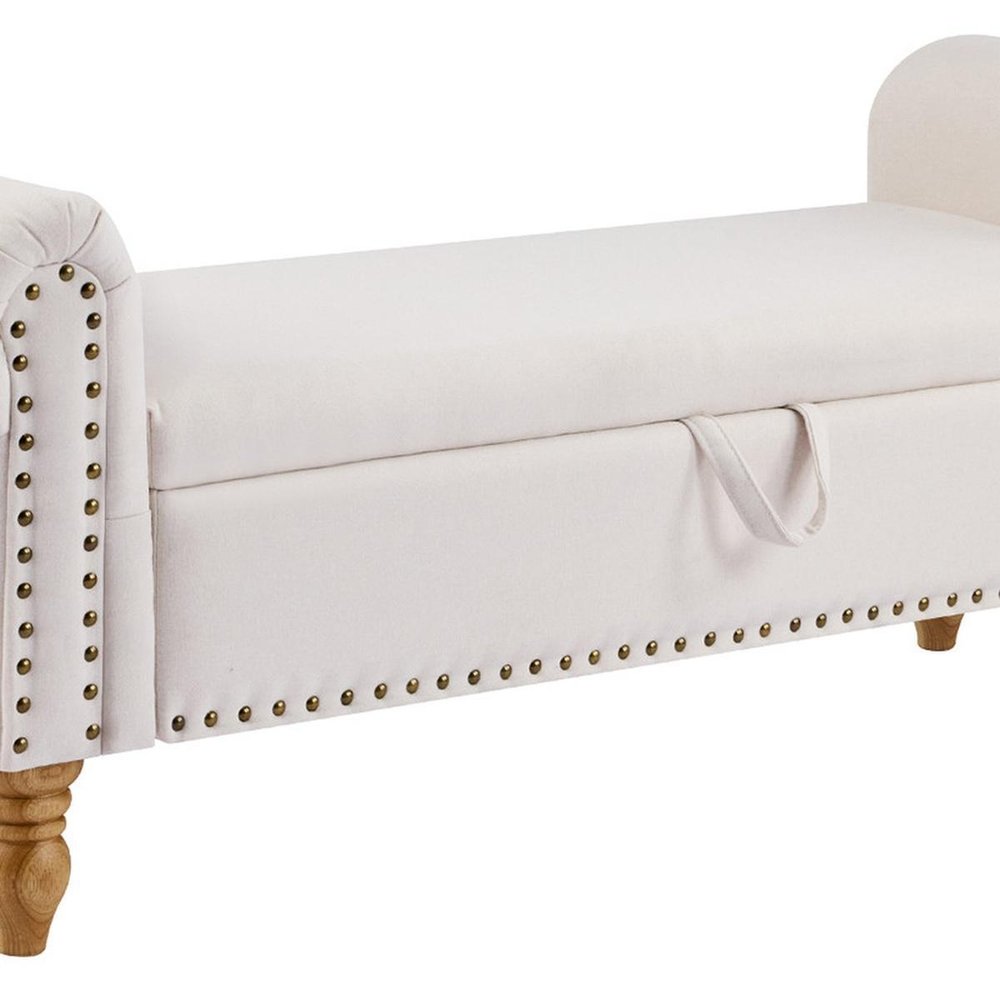 55" Beige and Brown Linen and Solid Wood Upholstered Storage Bench With Flip Top. Bench isolated on a plain white background, showing a beige wood surface.