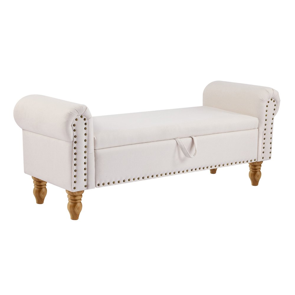55" Beige and Brown Linen and Solid Wood Upholstered Storage Bench With Flip Top. Bench isolated on a plain white background, finished in beige wood.
