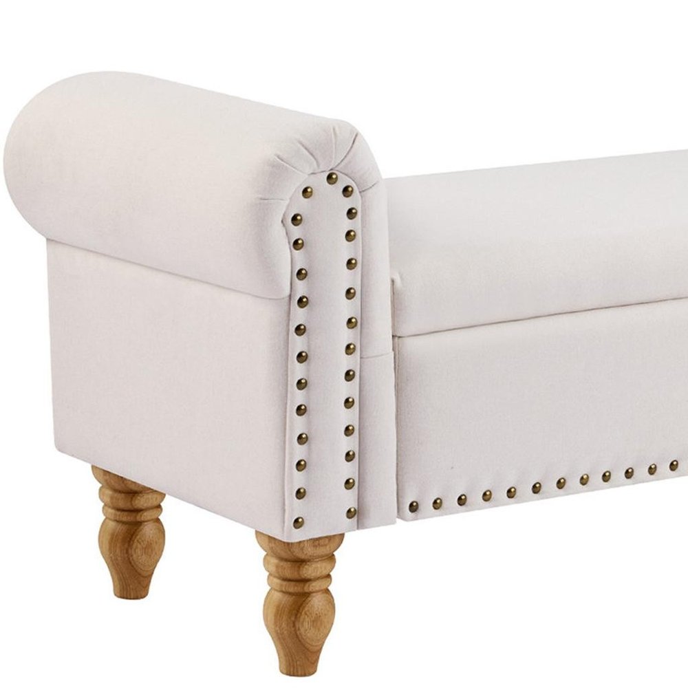 55" Beige and Brown Linen and Solid Wood Upholstered Storage Bench With Flip Top. Bench isolated on a plain white background, showing a beige wood surface.