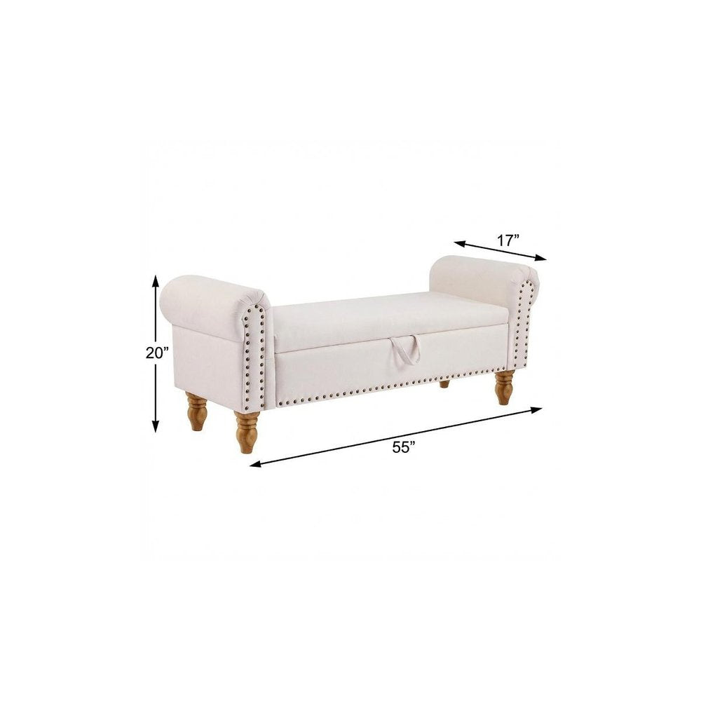 55" Beige and Brown Linen and Solid Wood Upholstered Storage Bench With Flip Top. Bench isolated on a plain white background, finished in beige wood.