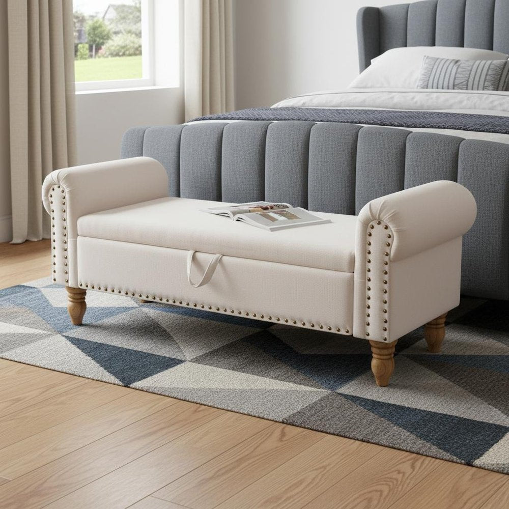 55" Beige and Brown Linen and Solid Wood Upholstered Storage Bench With Flip Top. Bench in beige wood.