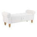 55" White and Brown Corduroy and Solid Wood Upholstered Storage Bench With Flip Top. Bench isolated on a plain white background, in a white wood finish.