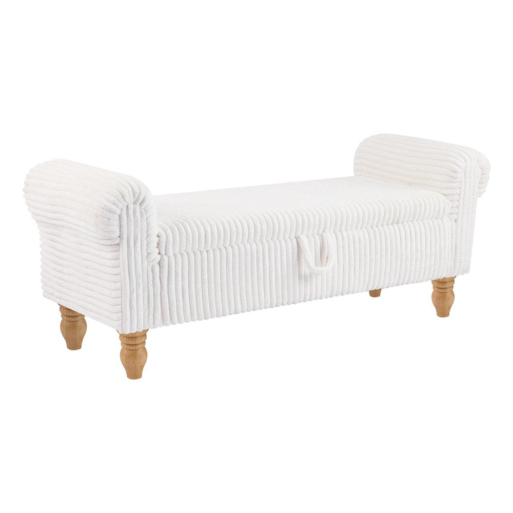 55" White and Brown Corduroy and Solid Wood Upholstered Storage Bench With Flip Top. Bench isolated on a plain white background, in a white wood finish.