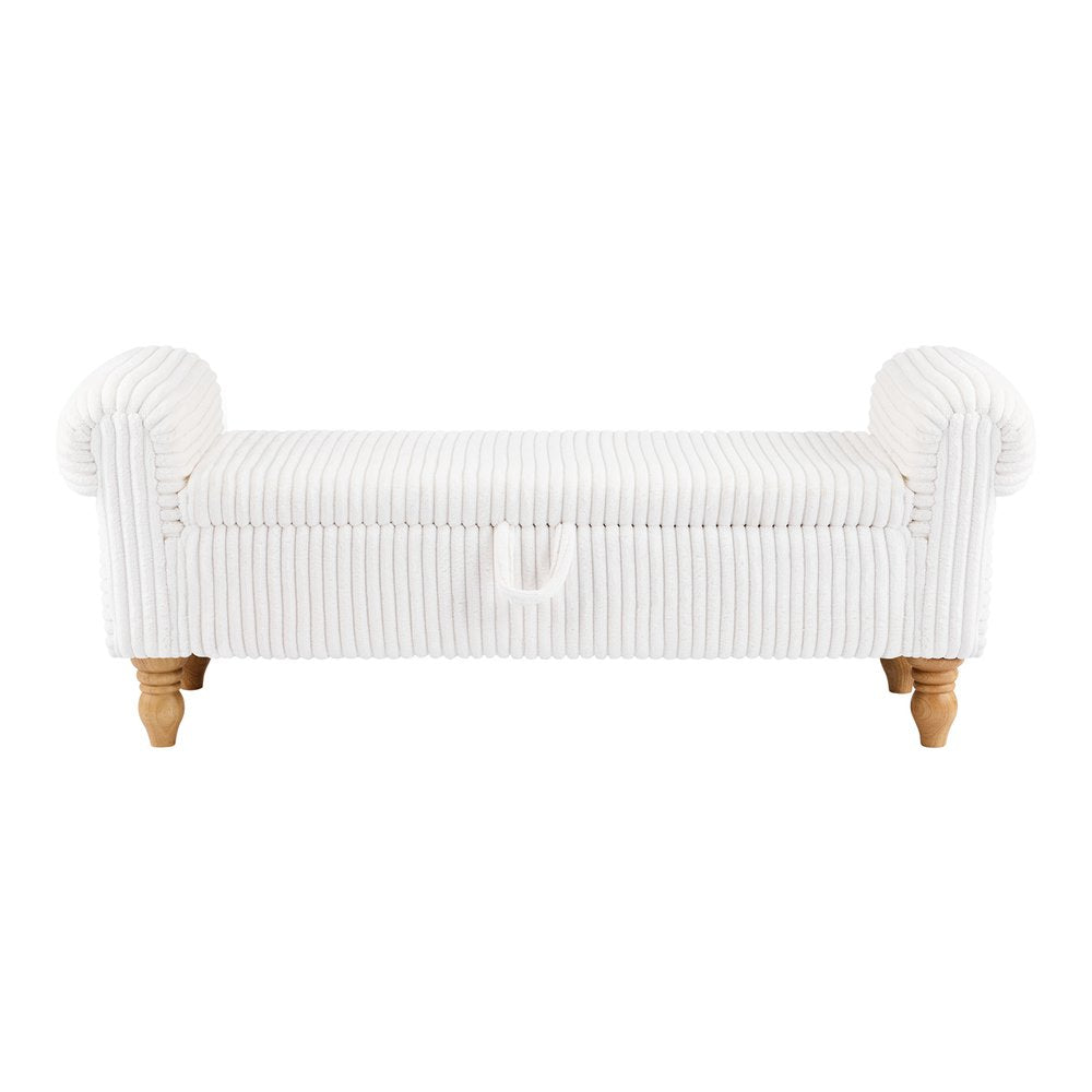 55" White and Brown Corduroy and Solid Wood Upholstered Storage Bench With Flip Top. Bench isolated on a plain white background, finished in white wood.