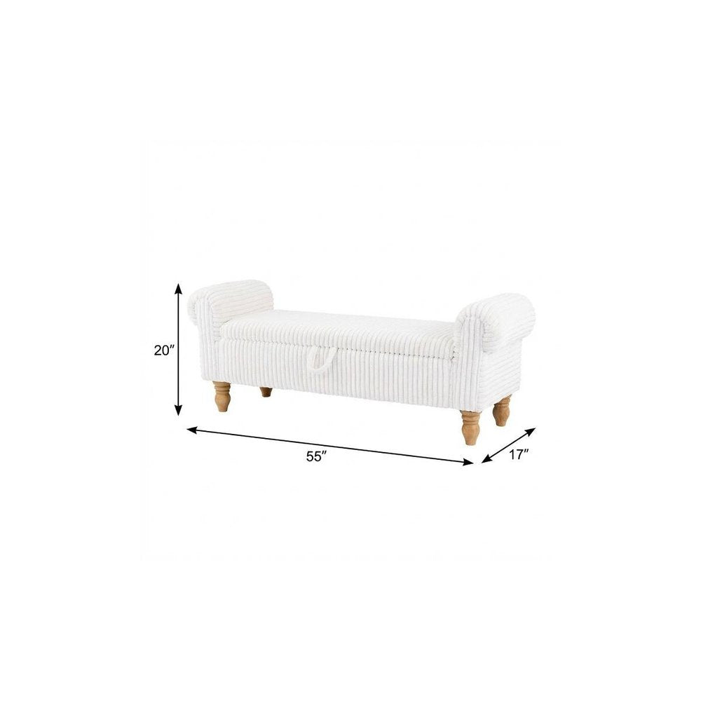 55" White and Brown Corduroy and Solid Wood Upholstered Storage Bench With Flip Top. Bench isolated on a plain white background, finished in white wood.