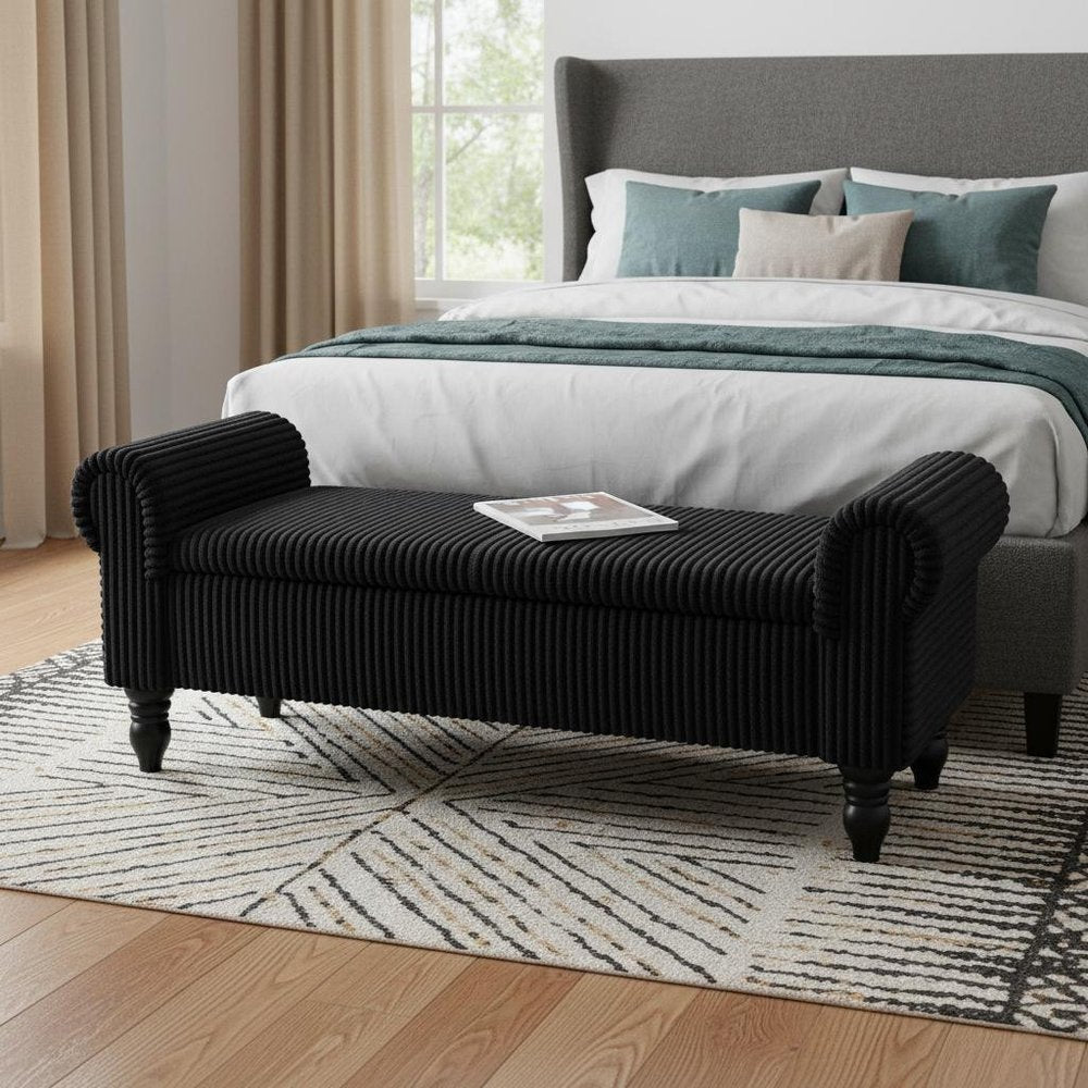 55" White and Brown Corduroy and Solid Wood Upholstered Storage Bench With Flip Top. Bench in brown wood.