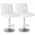 Set of Two White And Silver Faux Leather And Aluminum Adjustable Height Swivel Bar Chairs on a white background