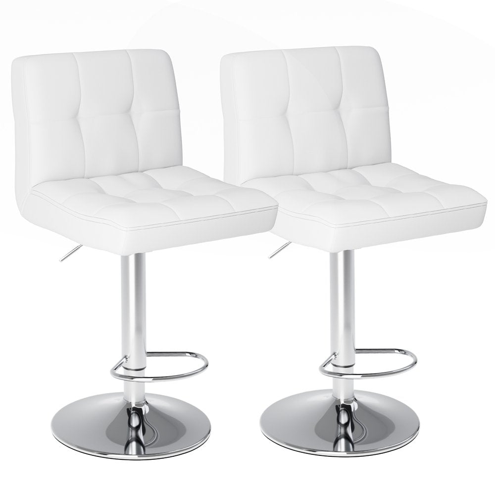 Set of Two White and Silver Faux Leather and Aluminum Adjustable Height Swivel Bar Chairs