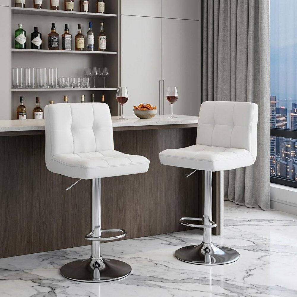 Set of Two White and Silver Faux Leather and Aluminum Adjustable Height Swivel Bar Chairs