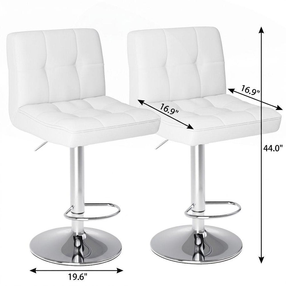 Set of Two White and Silver Faux Leather and Aluminum Adjustable Height Swivel Bar Chairs
