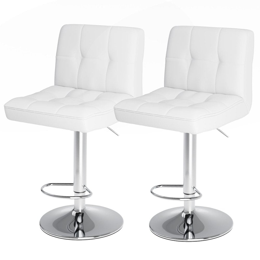 Set of Two White And Silver Faux Leather And Aluminum Adjustable Height Swivel Bar Chairs on a white background