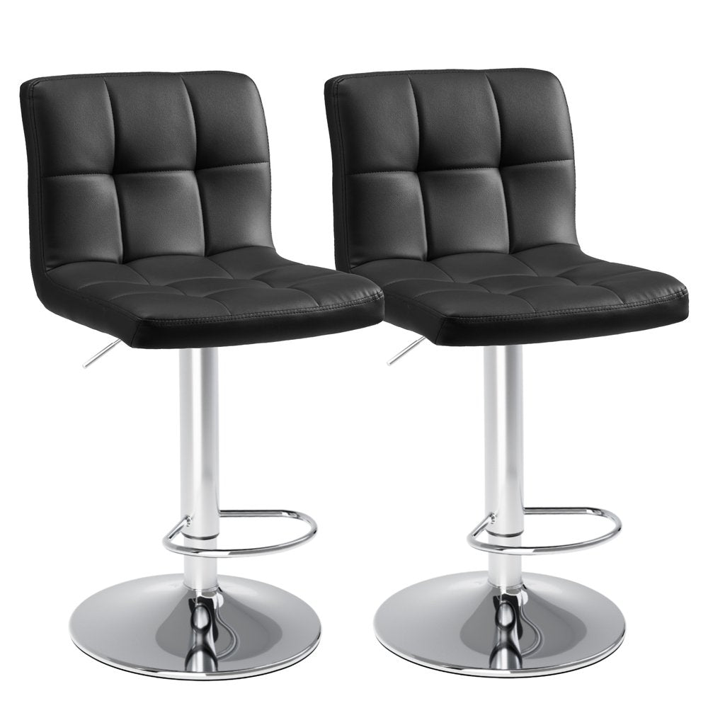 Set of Two Black and Silver Faux Leather and Aluminum Adjustable Height Swivel Bar Chairs
