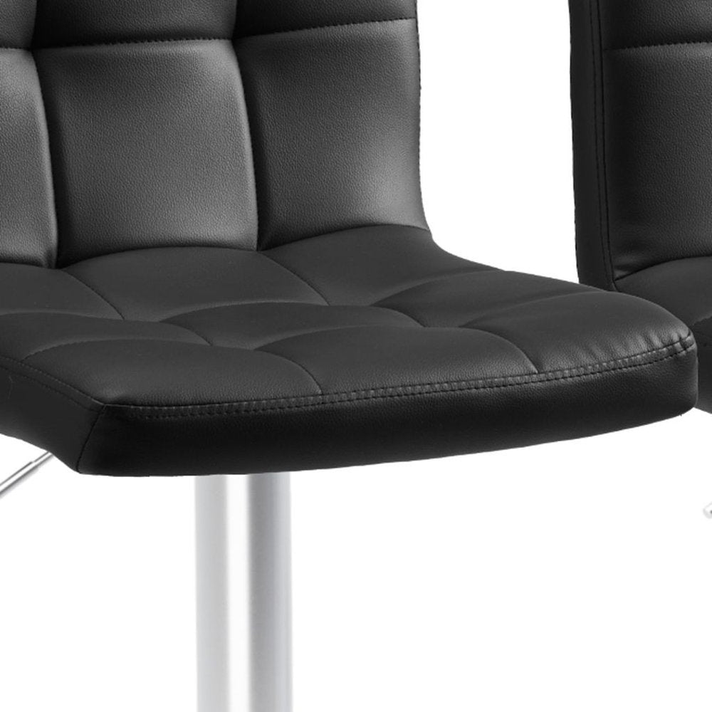 Set of Two Black and Silver Faux Leather and Aluminum Adjustable Height Swivel Bar Chairs