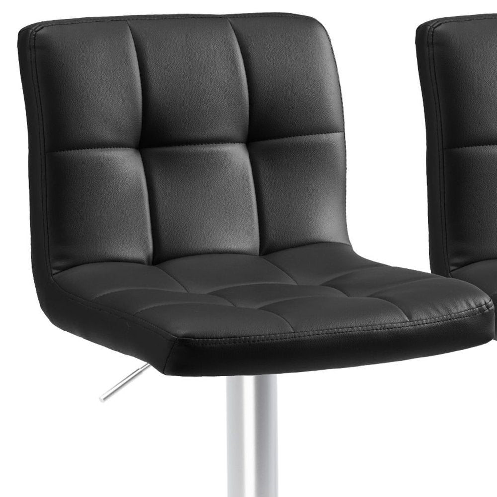 Set of Two Black and Silver Faux Leather and Aluminum Adjustable Height Swivel Bar Chairs