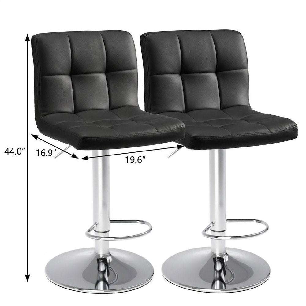 Set of Two Black and Silver Faux Leather and Aluminum Adjustable Height Swivel Bar Chairs