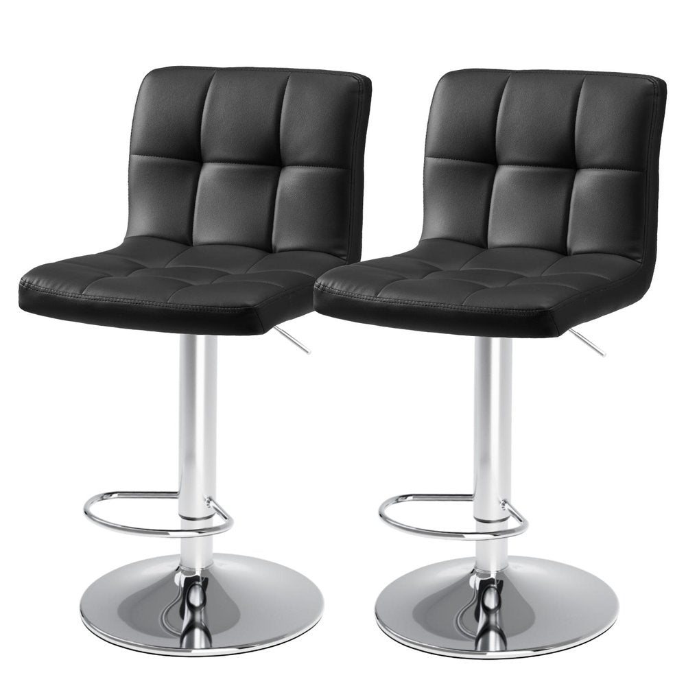 Set of Two Black And Silver Faux Leather And Aluminum Adjustable Height Swivel Bar Chairs on a white background