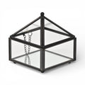 4" Black Glass Mirrored Accessory Box With Metal Accents. Jewelry boxe isolated on a plain white background, finished in black glass.