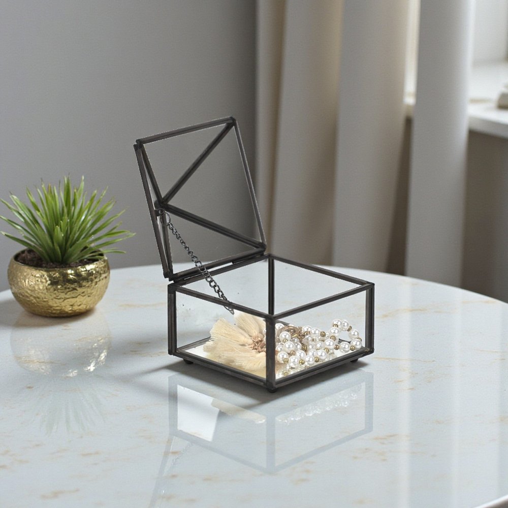4" Black Glass Mirrored Accessory Box With Metal Accents