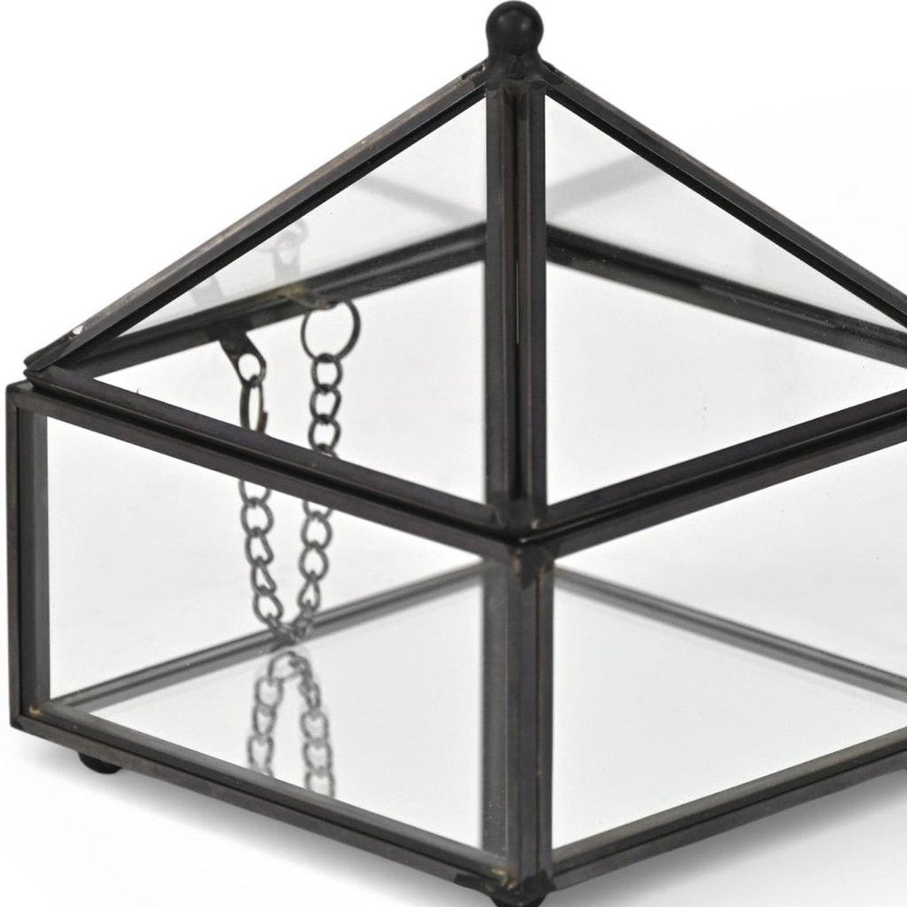 4" Black Glass Mirrored Accessory Box With Metal Accents. Jewelry boxe isolated on a plain white background, in a black glass finish.