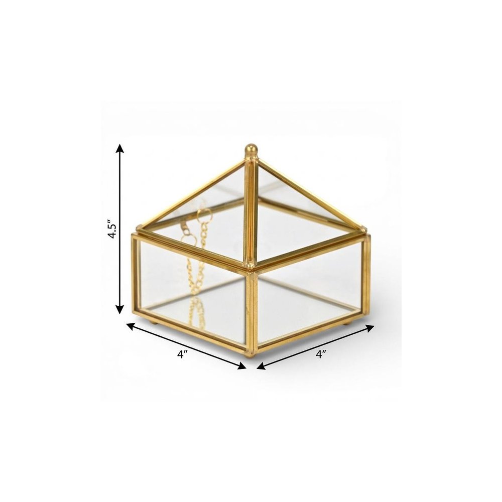 4" Gold Glass Mirrored Accessory Box With Metal Accents. Jewelry boxe isolated on a plain white background, finished in gold glass.