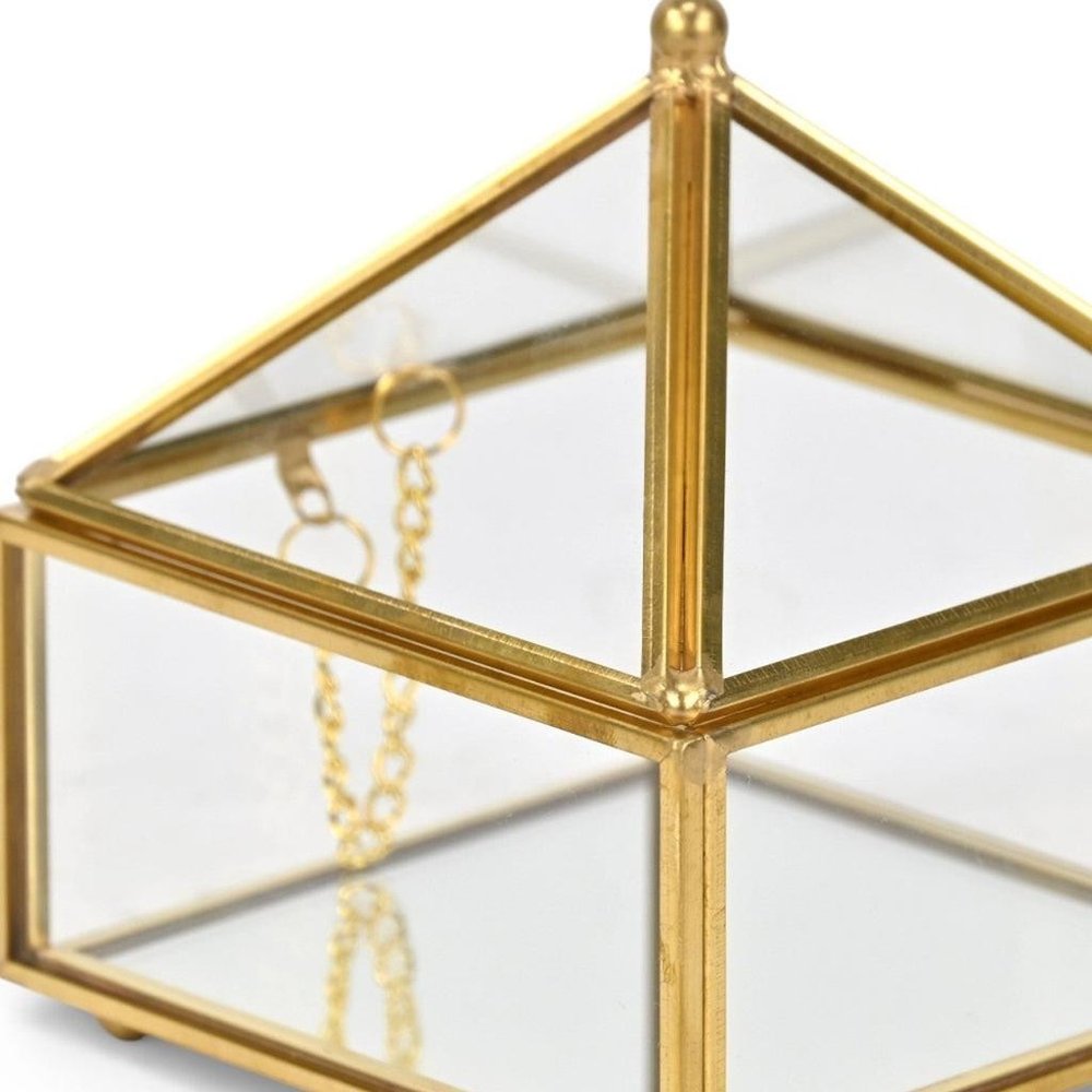 4" Gold Glass Mirrored Accessory Box With Metal Accents. Jewelry boxe isolated on a plain white background, in a gold glass finish.