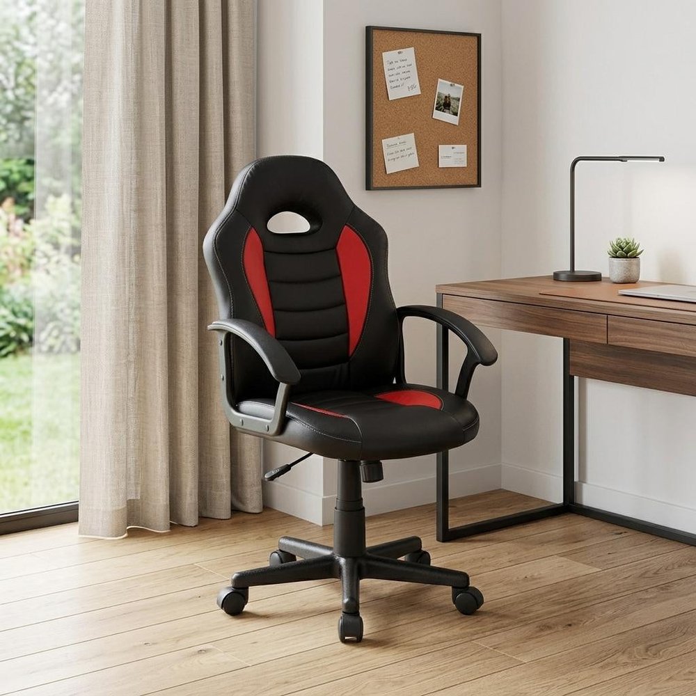 Red Adjustable Height Swivel Rolling Gaming Chair in a home interior