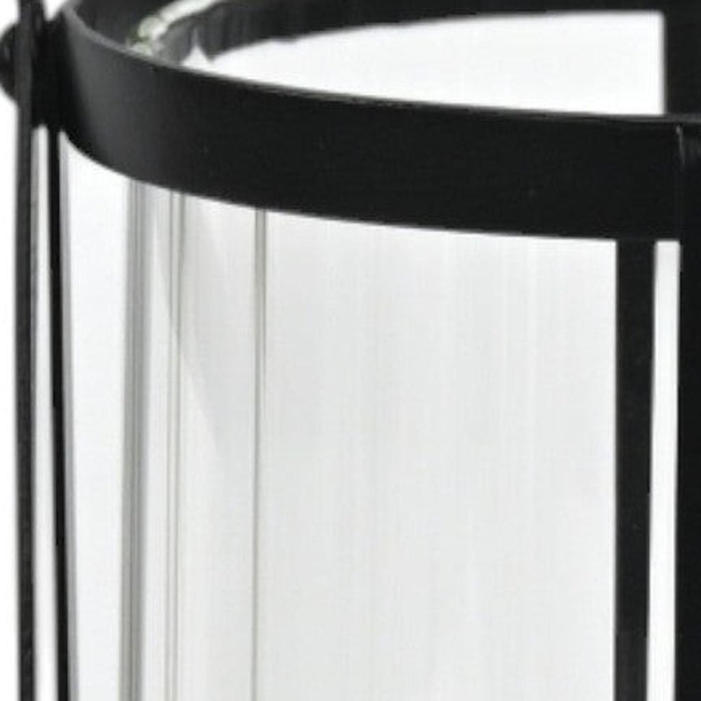 9" Clear And Black Glass And Metal Tabletop Lantern Candle Holder