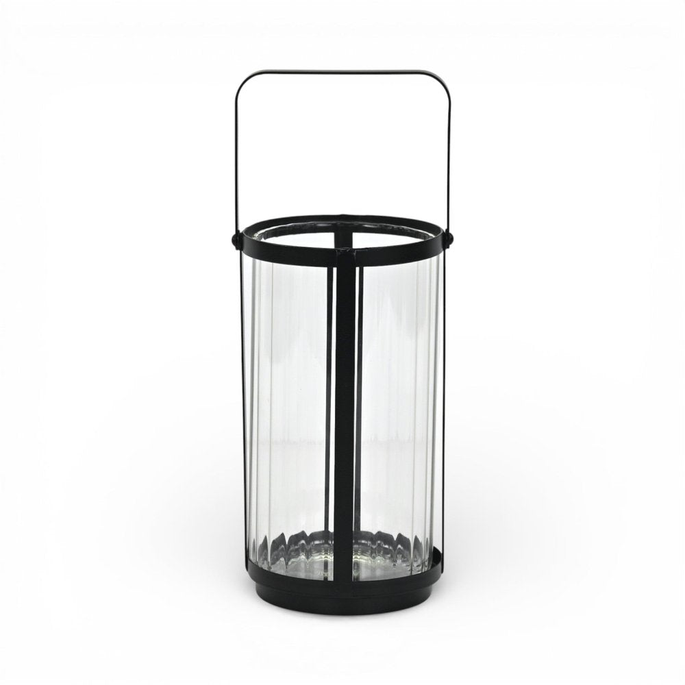 9" Clear And Black Glass And Metal Tabletop Lantern Candle Holder