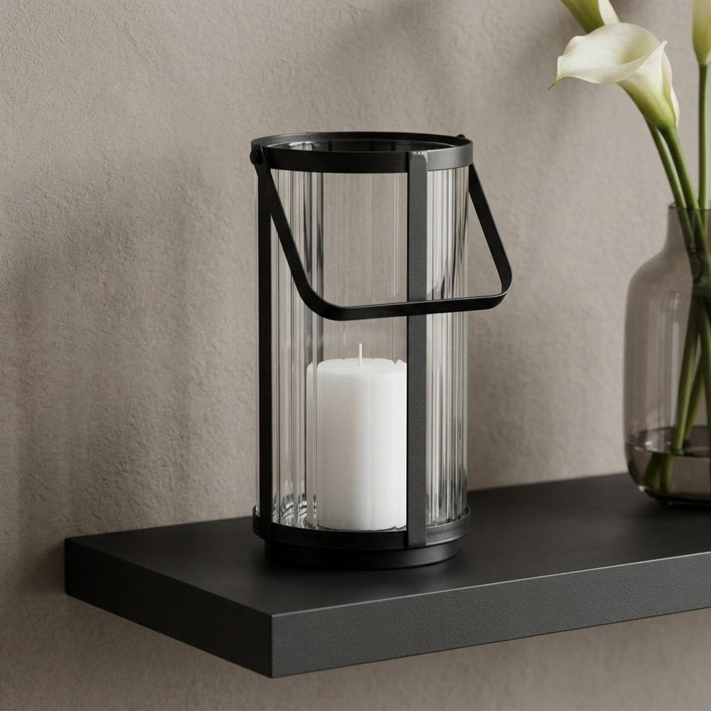 9" Clear And Black Glass And Metal Tabletop Lantern Candle Holder