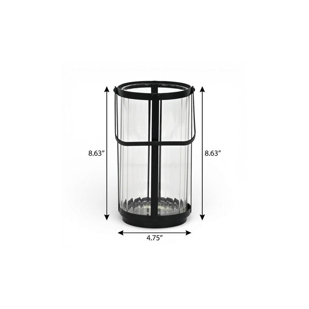 9" Clear And Black Glass And Metal Tabletop Lantern Candle Holder