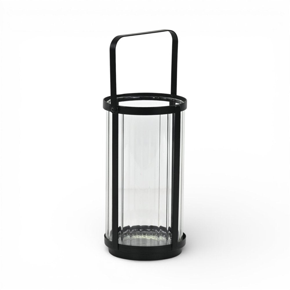 9" Clear And Black Glass And Metal Tabletop Lantern Candle Holder