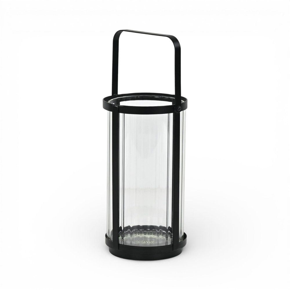 9" Clear And Black Glass And Metal Tabletop Lantern Candle Holder