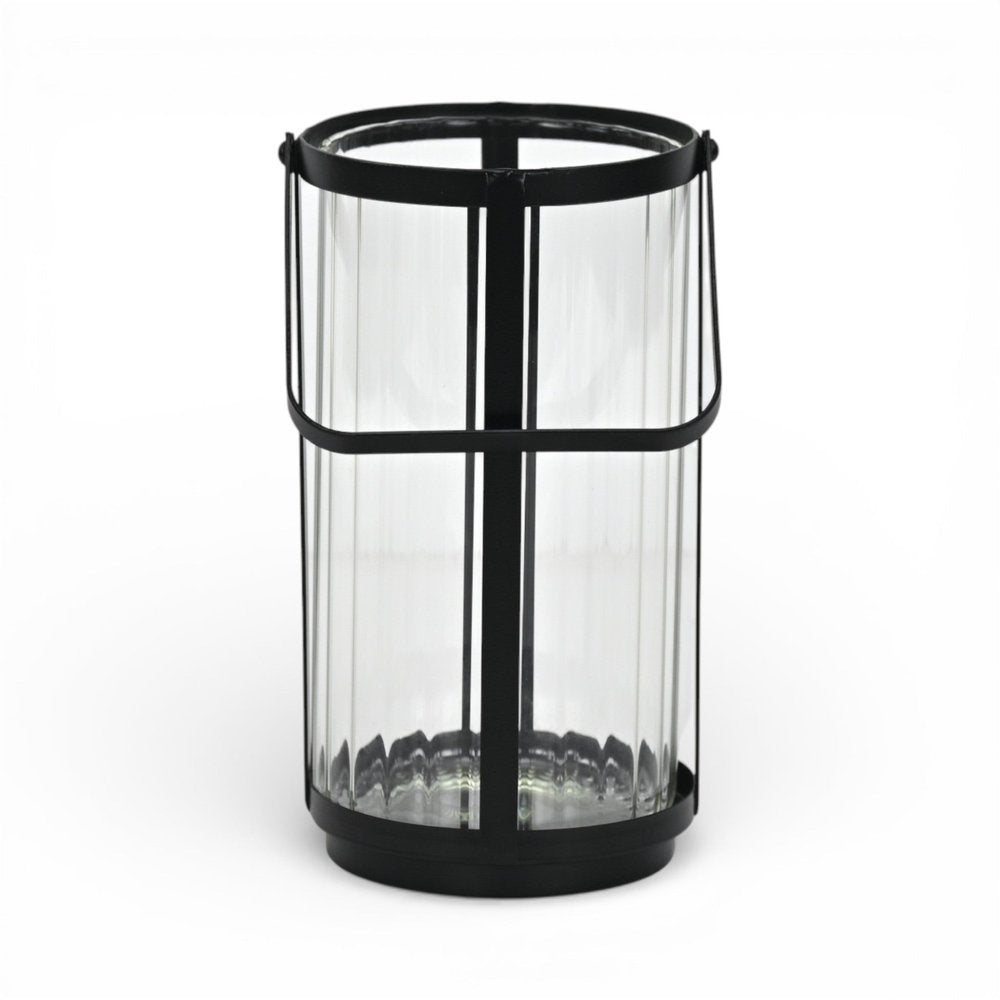 9" Clear And Black Glass And Metal Tabletop Lantern Candle Holder