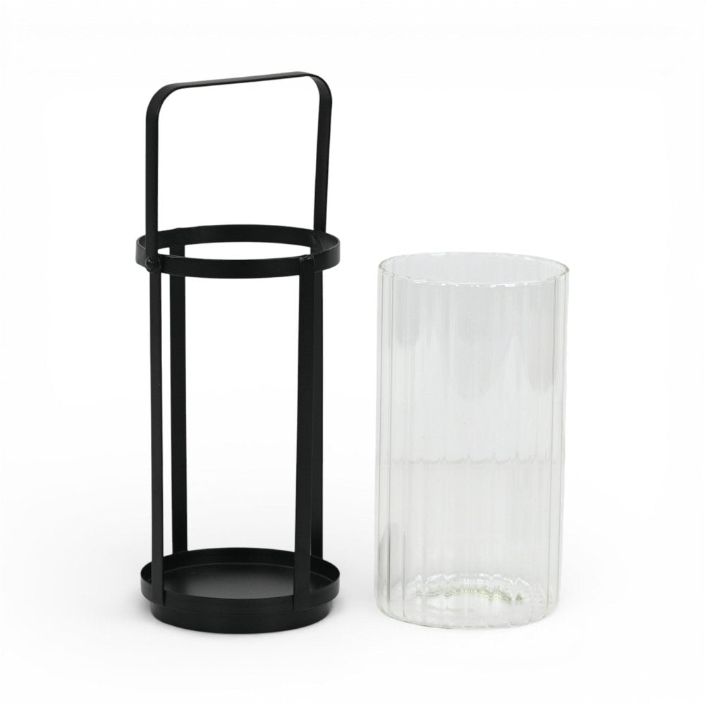 9" Clear And Black Glass And Metal Tabletop Lantern Candle Holder