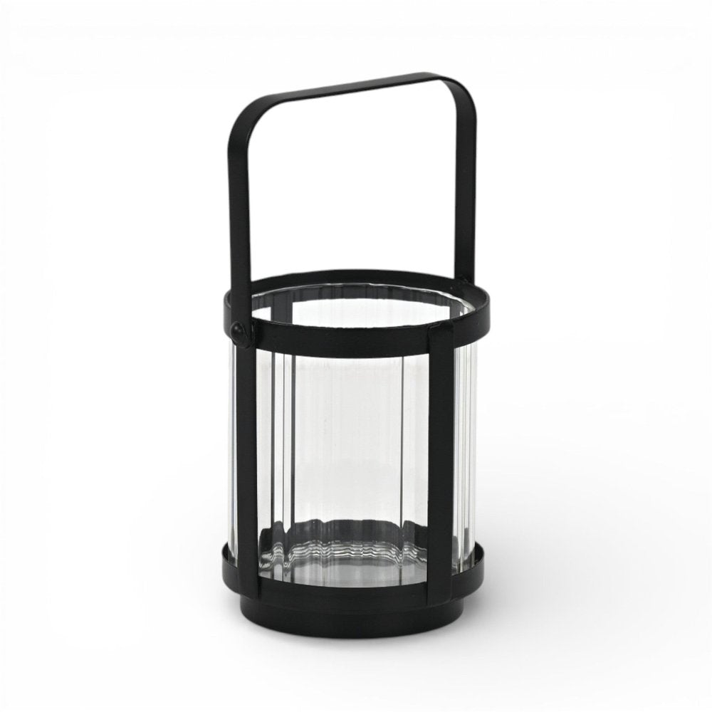 5" Clear And Black Glass And Metal Tabletop Lantern Candle Holder. Candle holder isolated on a plain white background, in a black glass finish.