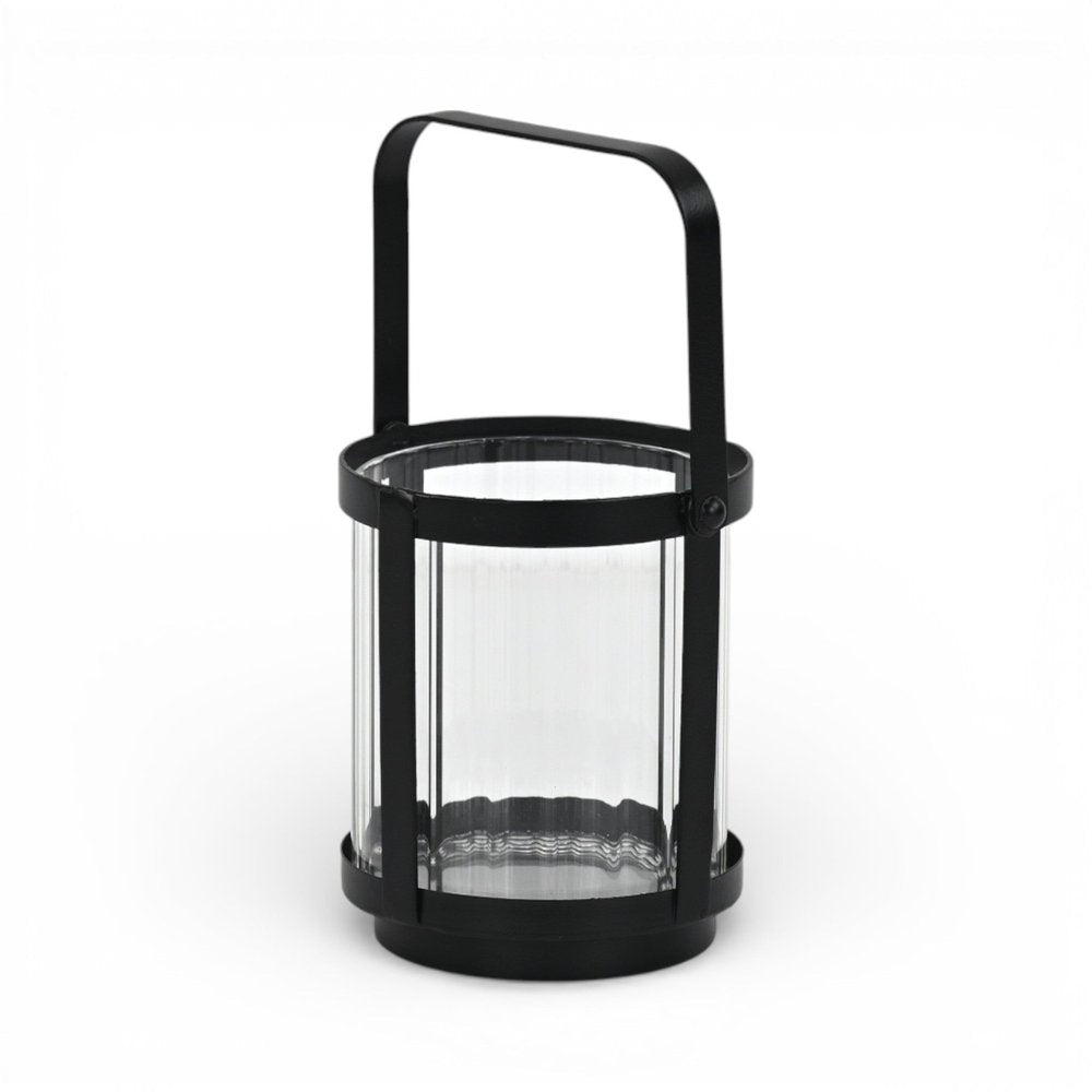 5" Clear And Black Glass And Metal Tabletop Lantern Candle Holder