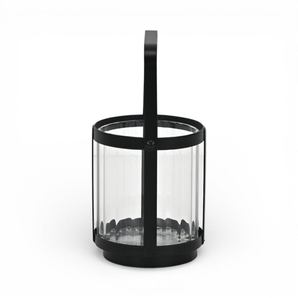 5" Clear And Black Glass And Metal Tabletop Lantern Candle Holder. Candle holder isolated on a plain white background, in a black glass finish.