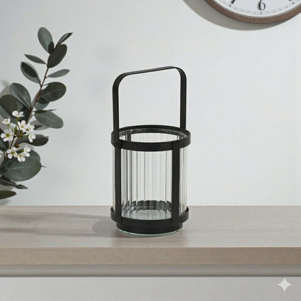 5" Clear And Black Glass And Metal Tabletop Lantern Candle Holder