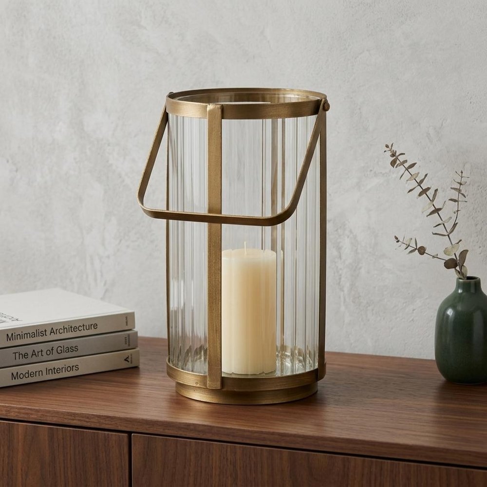 9" Gold Glass Tabletop Lantern Candle Holder