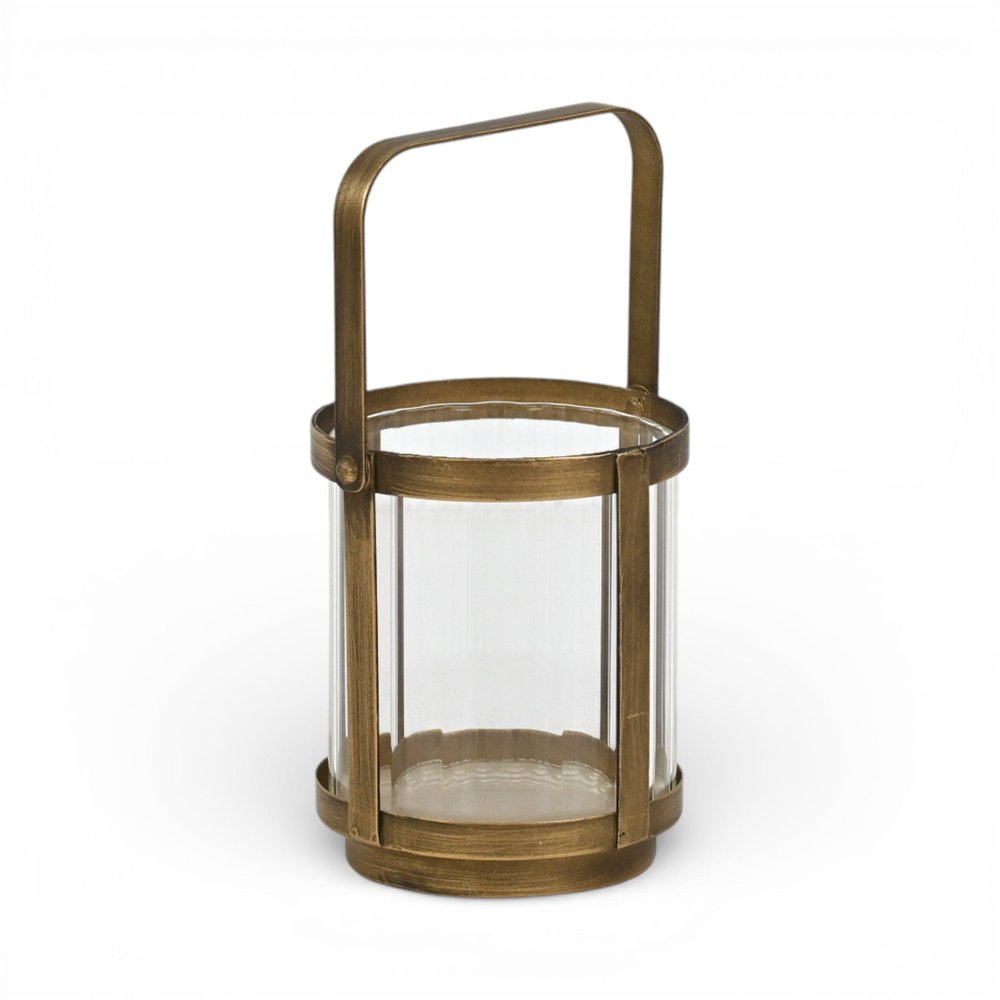 5" Gold Glass Tabletop Lantern Candle Holder. Candle holder isolated on a plain white background, showing a glass surface.