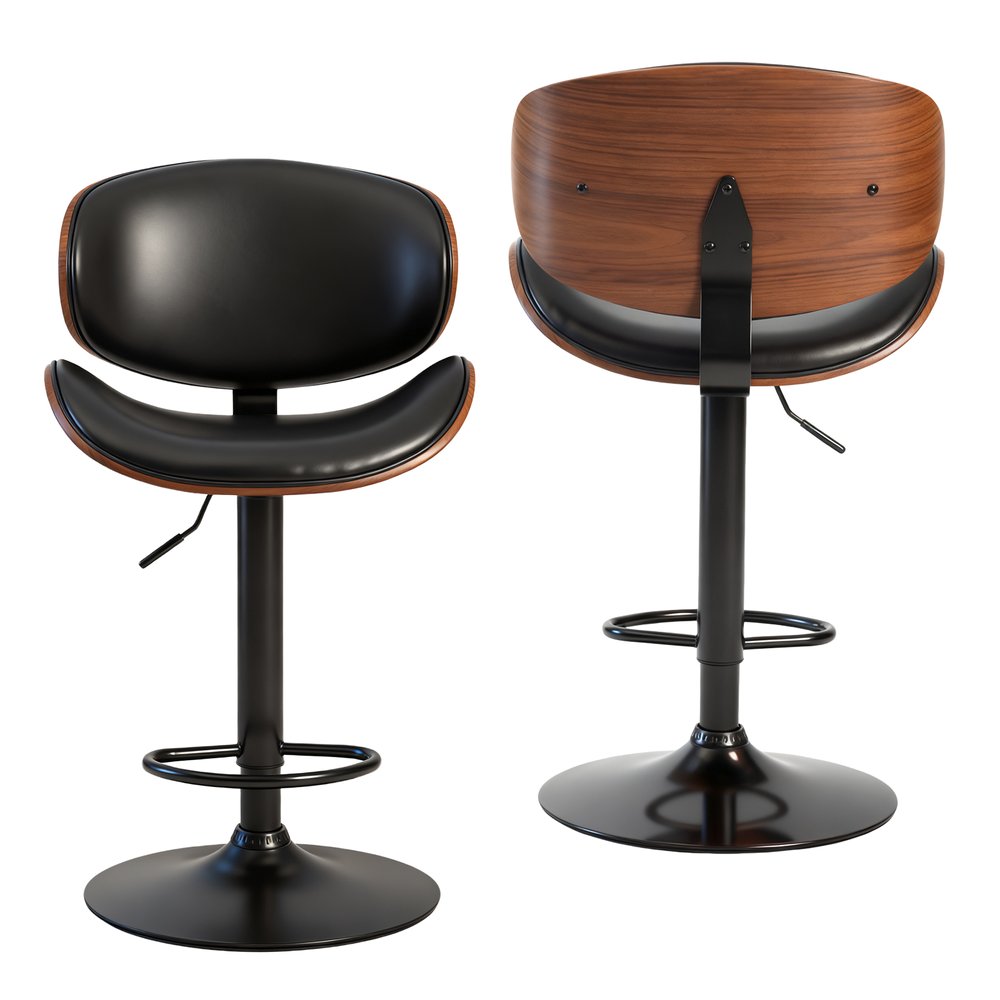 Set of Two Black and Brown Faux Leather Wood And Aluminum Adjustable Height Swivel Bar Chairs