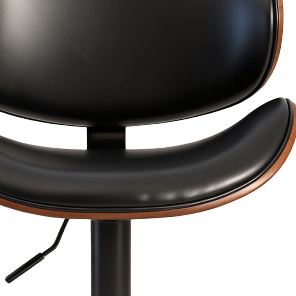 Set of Two Black and Brown Faux Leather Wood And Aluminum Adjustable Height Swivel Bar Chairs