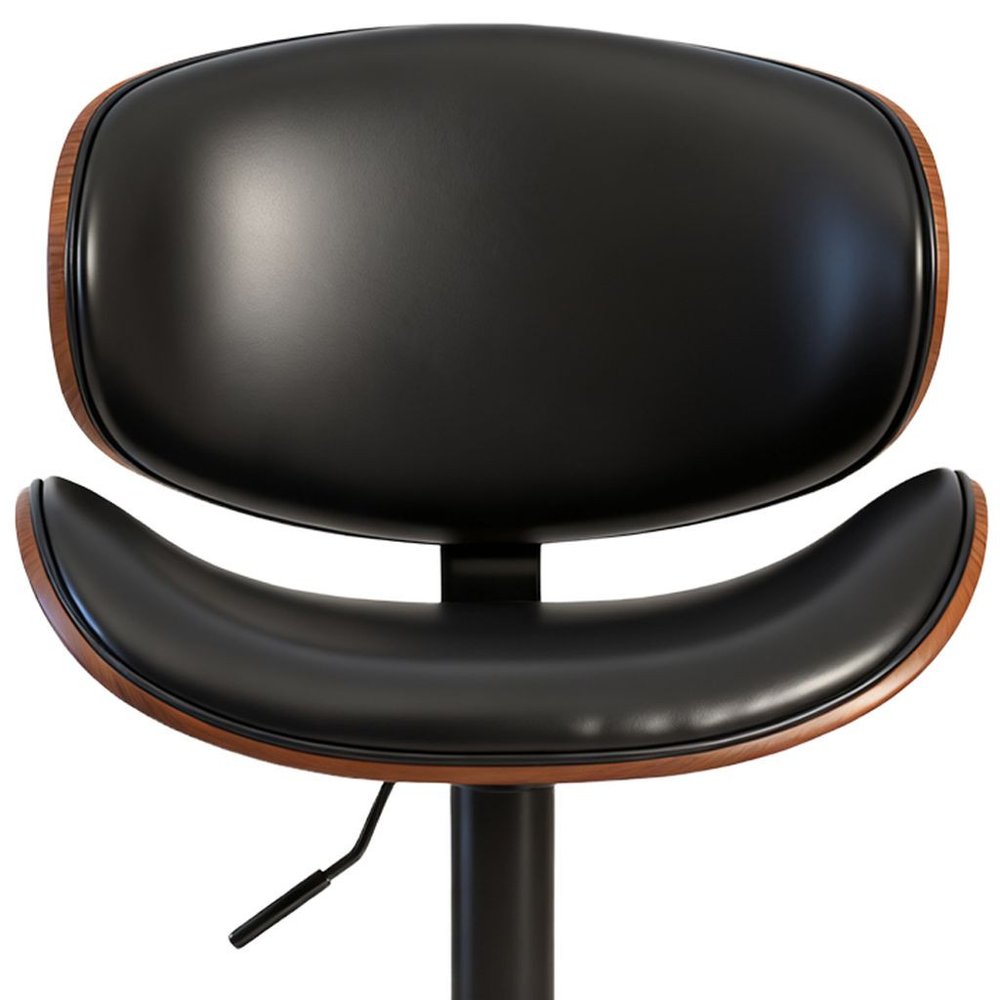 Set of Two Black and Brown Faux Leather Wood And Aluminum Adjustable Height Swivel Bar Chairs
