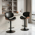 Set of Two Black and Brown Faux Leather Wood And Aluminum Adjustable Height Swivel Bar Chairs