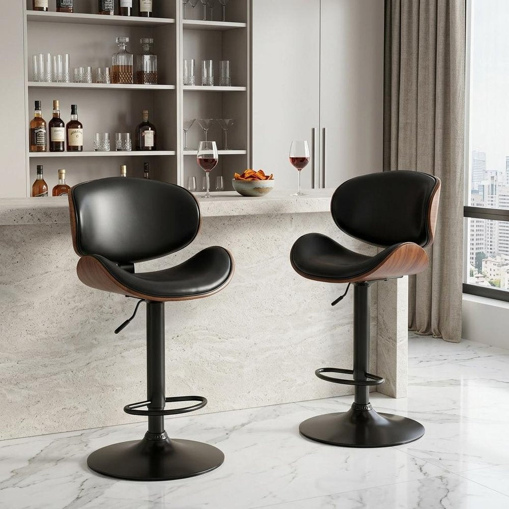 Set of Two Black and Brown Faux Leather Wood And Aluminum Adjustable Height Swivel Bar Chairs