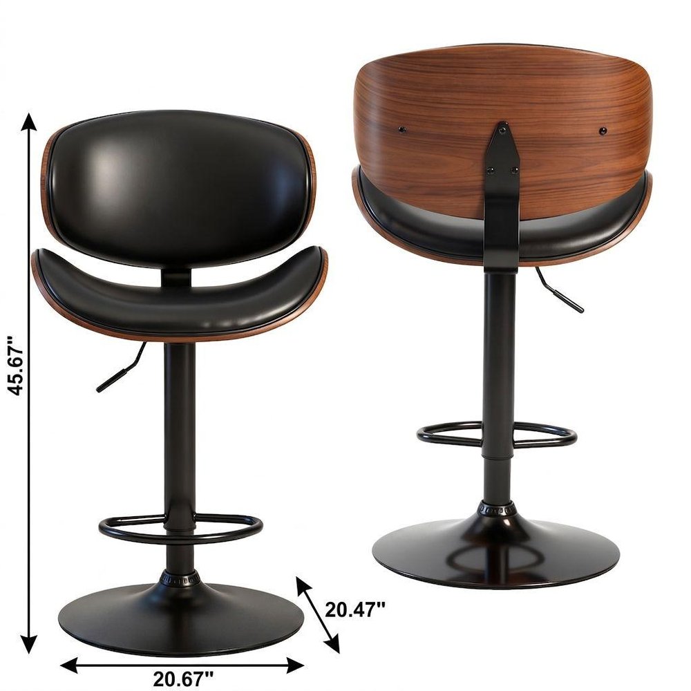Set of Two Black and Brown Faux Leather Wood And Aluminum Adjustable Height Swivel Bar Chairs