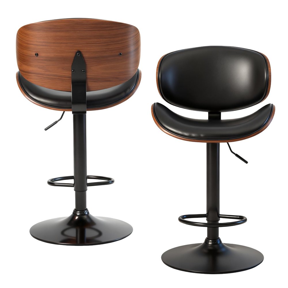 Set of Two Black And Brown Faux Leather Aluminum And Wood Adjustable Height Swivel Bar Chairs on a white background