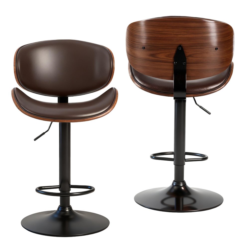 Set of Two Brown and Black Faux Leather Wood And Aluminum Adjustable Height Swivel Bar Chairs